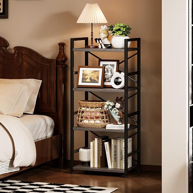 Homeiju Grey Bookshelf, 4 Tier Small Bookcase for CD/Movie/Book, Book Shelf Organization and Storage for Bedroom, Kid's Room, and Home Furniture (Grey)