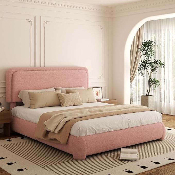 Queen Bed Frame, Teddy Velvet Boucle Bed Frame with 43.3"/45.3" Adjustable Upholstered Headboard, Rounded Corners, Mattress Foundation, No Box Spring Required, Pink