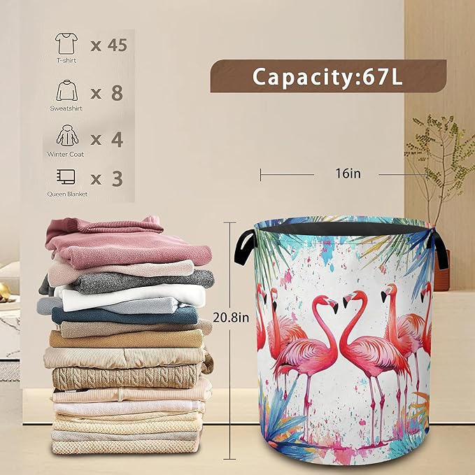Flamingo Tropical Laundry Basket,Exotic Leaves Flower Collapsible Laundry Baskets with Handles,Waterproof Oxford Cloth Storage Basket 16"x20" for Bathroom/Bedroom/Dormitories