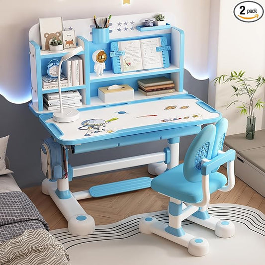 Gifts for Kids, Kids Desk and Chair Set, Desk for Kids 3-12, Multi-Functional Storage and Spacious Desktop for Learning, Painting, Eating, DIY Crafts Blue Gift for Friends