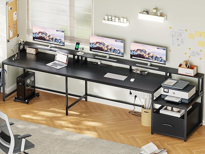 SEDETA L Shaped Gaming Desk, 66" Home Office Desk with File Drawer & Power Outlet, Corner Gaming Computer Desk with Led Lights, Monitor Shelf and Printer Storage Shelves, Two Person Desk, Black