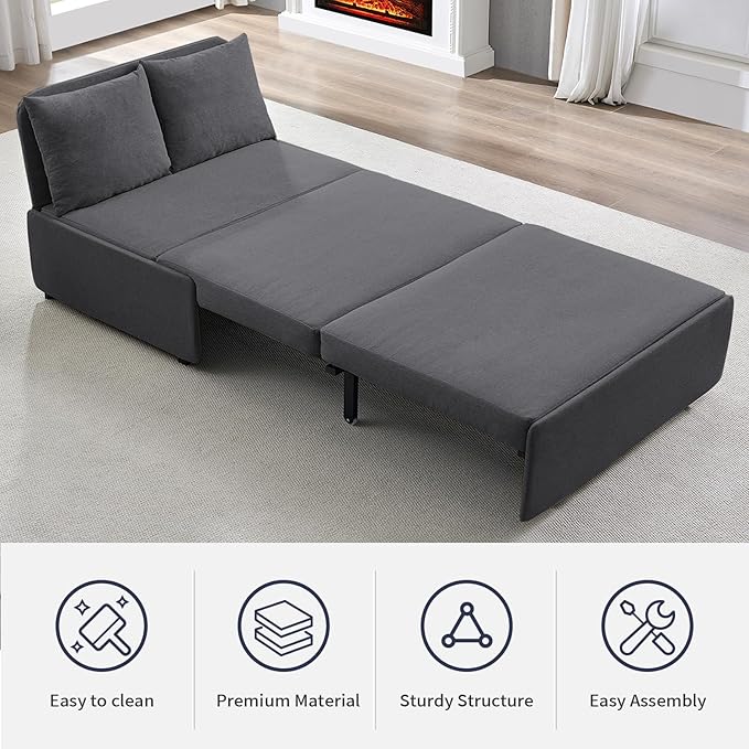 2 in 1 Pull Out Sofa Bed Full Size, Small Convertible Sleeper Sofa Couch, Linen Folding Guest Bed with Wheels and Cushions Pillow, Futon Sofas Couch Beds for Bedroom Office Lounge - Dark Grey