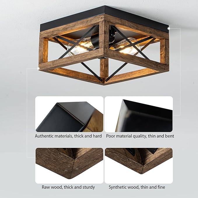 MAYNA Farmhouse Flush Mount Ceiling Light, 2-Light Rustic Ceiling Light with Metal and Wood, Farmhouse Hallway Light Fixtures for Kitchen Entryway Bedroom Dining Room