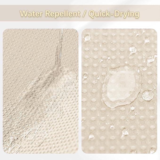 Beige Fabric Shower Curtain - Waffle Textured Heavy Duty Shower Curtains for Bathroom, 256GSM Hotel Spa Luxury Weighted Bath Curtain with 10 Hooks, 60x72, Beige