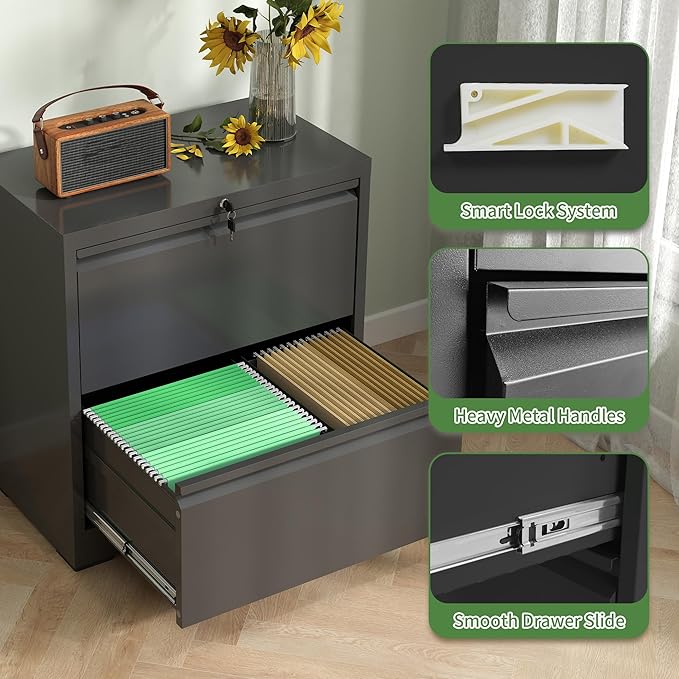 2 Drawer Lateral File Cabinet with Lock, Filing Cabinets for Home Office, Storage Cabinets for Hanging Files Letter/Legal/F4/A4, Require Assembly(Black)