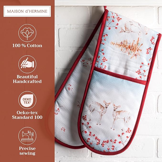 Maison d' Hermine Double Oven Mitt (7" x 35") 100% Cotton Heat Resistant BBQ Cooking Gloves with Loop for Thanksgiving Christmas Decorations Baking Cooking Handling Hot Pan (Fairy Tale Forest)
