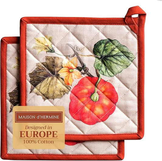 Maison d' Hermine Pot Holders Set 100% Cotton Heat Resistant Potholders 8" x 8" Hot Pads with Loop for Thanksgiving Christmas Decorations BBQ Cooking Baking Handling Hot Pans (Pack of 2, Potiron)