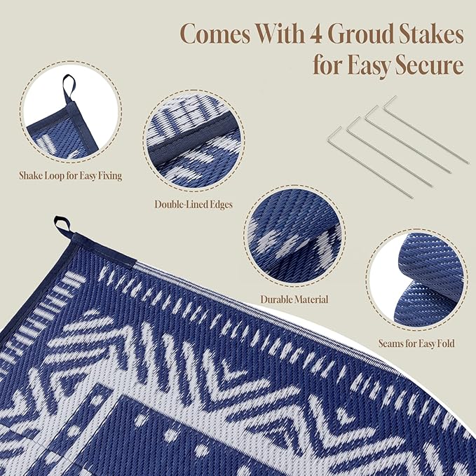 OMERAI Reversible Waterproof Outdoor Rug for Backyard,Plastic Textured Resistant Outdoors Rugs,Portable Washable Easy Cleaning Foldable Camping Beach Carpet for Patio Courtyard, 6'x9' Blue & White