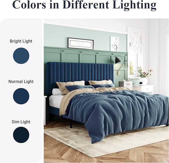 Allewie Queen Bed Frame, Velvet Upholstered Platform Bed with Adjustable Vertical Channel Tufted Headboard, Mattress Foundation with Strong Wooden Slats, Box Spring Optional, Easy Assembly, Navy Blue