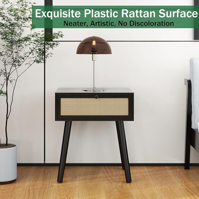 IBUYKE Hidden Compartment Nightstands, Rattan Nightstand with Wood Legs, Boho Side Table Concealment Furniture, Bedside End Table for Bedroom, Easy Assembly, Black UWNS010B