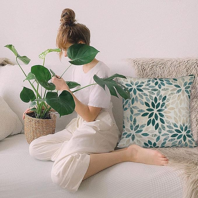 Dark Teal Dahlia Pillow Covers 18x18 Inch Set of 2 Summer Geometric Rust Flower Outdoor Decorative Throw Pillows Farmhouse Turquoise Pillow Case Linen Square Cushion Cover for Home Sofa Bedroom