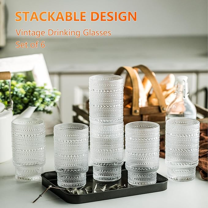 KEMORELA Glass Cups Vintage Glassware Set of 6 Large, Hobnail Drinking Glasses, 16oz Glass Cups With Straws, Romantic Hobnail Highball Glasses, Bar Beverages Ice Coffee Cup Glassware