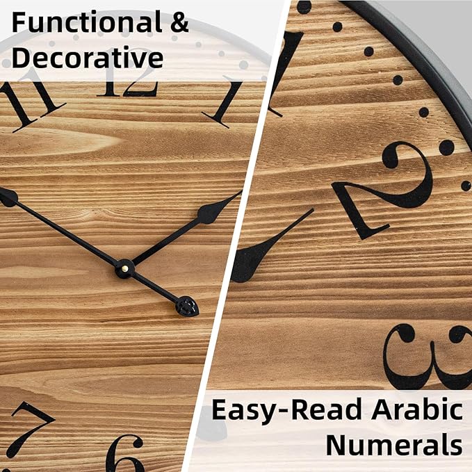 Rustic Farmhouse Wall Clocks for Living Room Decor, Large 24 inch Wall Clock with Dark Brown Wooden Face and Black Metal Frame, Silent Battery Operated for Kitchen Bedroom Entryway