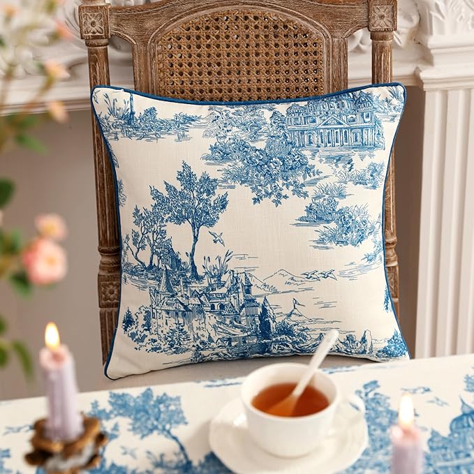 patdrea Designer Square Throw Pillow Covers Set of 2,Rustic Linen with Chinoiserie Blue Scenery Pattern Pillows Cover,Decorative Pillowcases Cushion for Bed Living Room Outdoor Car,18 x18 Inches