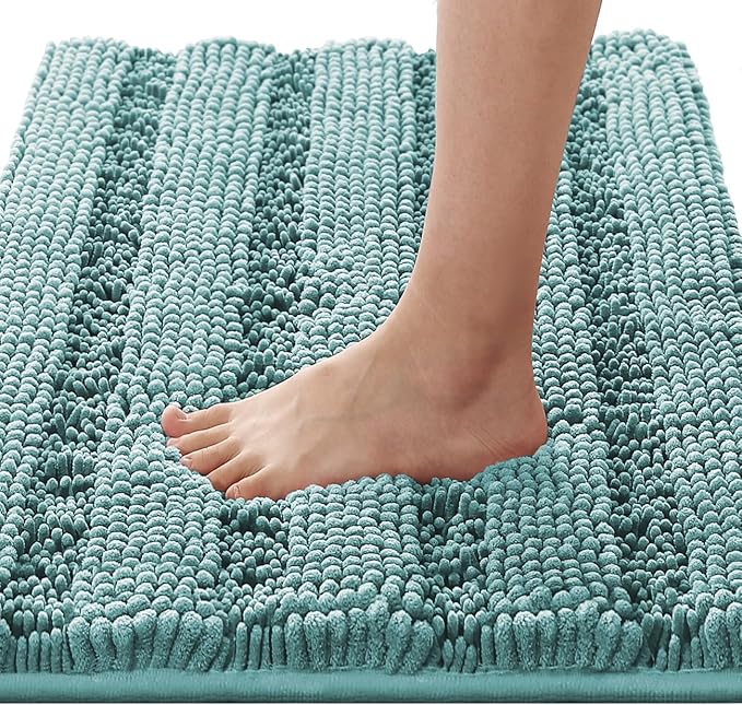 H.VERSAILTEX Bath Rugs for Bathroom Non Slip Bath Mats Extra Thick Chenille Striped Rug 20" x 32" Absorbent Non Skid Fluffy Soft Shaggy Washable Plush Mat for Indoor, Bath Room, Tub - Aqua Haze
