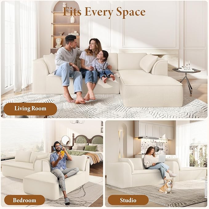 Vesgantti 106" Boneless Couch with Chaise, Deep Seat Cloud Sofa Sectional, Chenille Memory Foam Modular Couches for Living Room, No Assembly Required (Creamy Beige, Right-Facing Chaise)