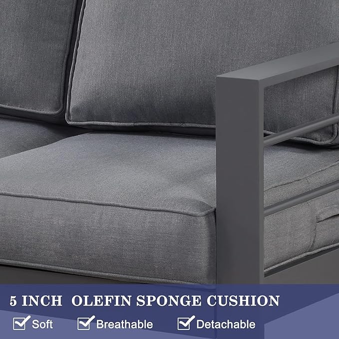 Wisteria Lane Outdoor Patio Furniture Set, 4 Pieces Aluminum Sectional Sofa, Metal Patio Conversation Set with Loveseat, 5 Inch Grey Cushion and Coffee Table (Dark Grey & Grey)