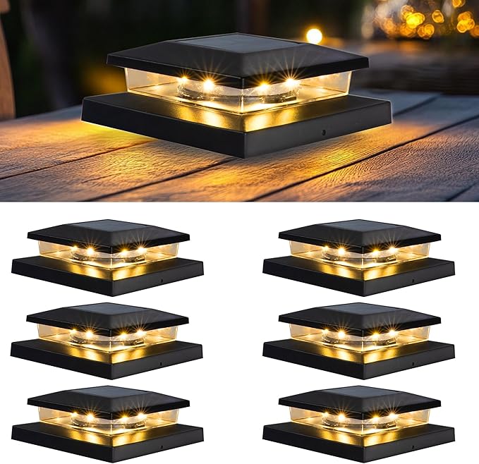 TW SHINE Solar Post Cap Lights Outdoor, 6 Pack Waterproof Solar Powered Deck Fence Post Lights, Warm White Post Light for Garden Patio Porch for 4x4, 5x5 or 6x6 Wooden Posts