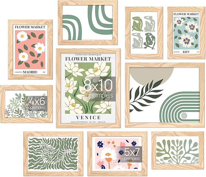 upsimples 10 Pack Picture Frames Collage Wall Decor for Mounting or Tabletop Display, Photo Gallery Frame Set for Family, Multi Sizes Including 8x10, 5x7, 4x6, Natural