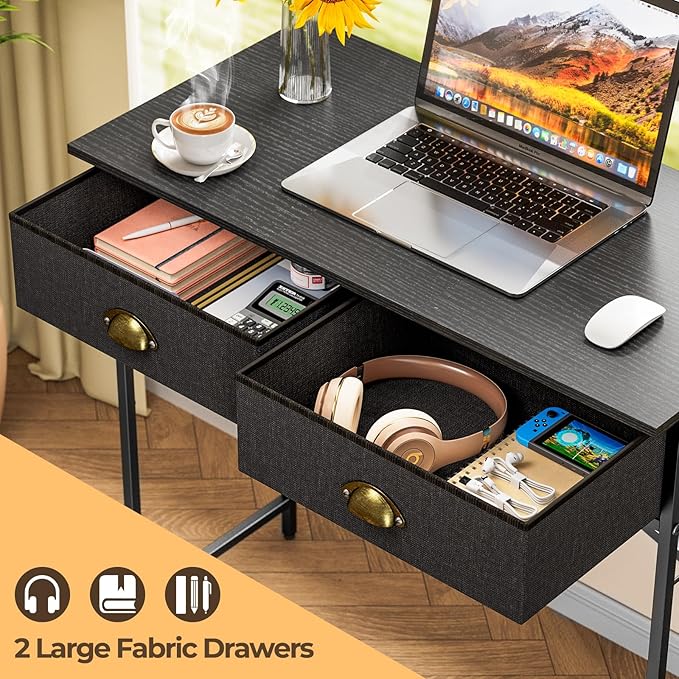 Black Writing Desk for Kids Bedroom, 31.5 Inch Small Computer Desk for Small Spaces, Simple Desk with 2 Fabric Drawers for Home Office, Dorm, Living Room, Home Study Table, Black
