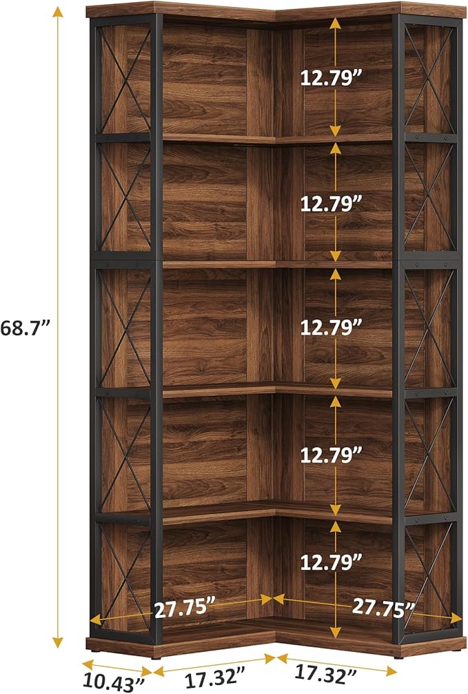 5-Tier L Shaped Bookshelf, Vintage Industrial Corner Bookcase, Large Tall Storage Shelves Display Rack with Metal Frame for Living Room, Home Office, Bedroom, Dark Walnut