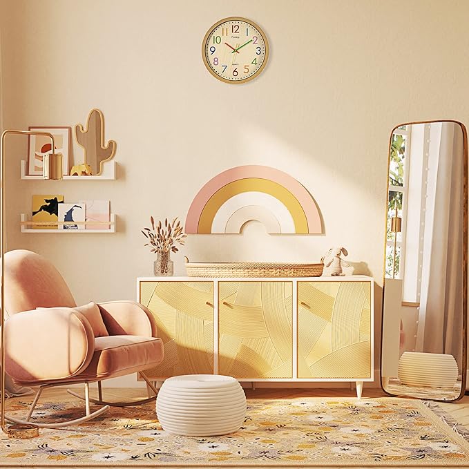 Foxtop Silent Kids Wall Clock 12 Inch Non-Ticking Battery Operated Colorful Childrens Clock for Classroom Playroom Nursery Bedrooms Kids Room School