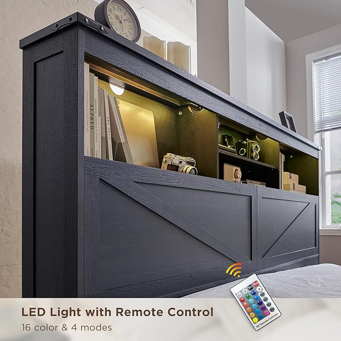 ACCOHOHO King Bed Frame Farmhouse with 52" Storage Bookcase Headboard, 4 Drawers Wooden Bed Frame, LED Light, Charging Station - Black