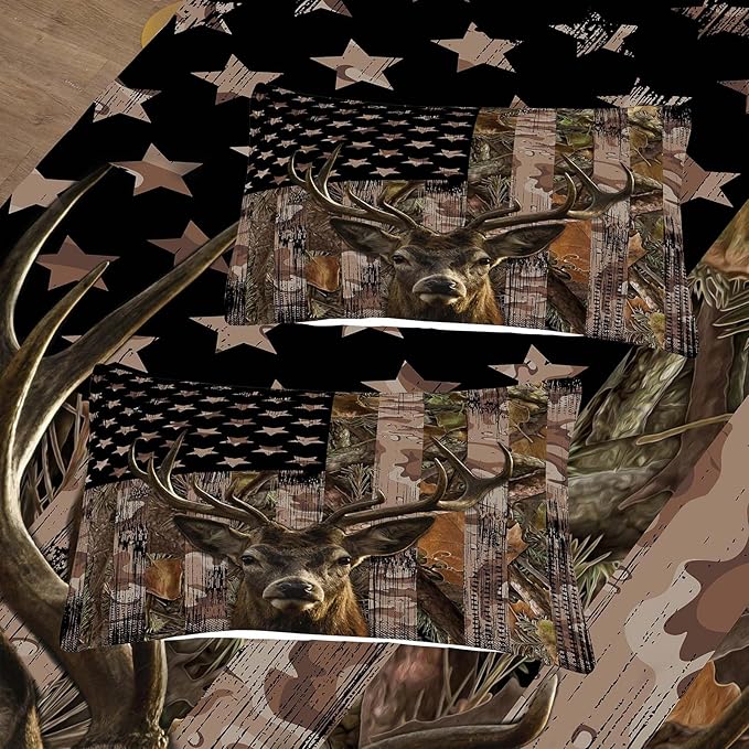 Tailor Shop Deer Comforter Sets Twin Size for Boys Kids Teens,American Flag Camo Bedding Sets Hunting Comforter Sets Woodland Moose Wildlife Forest Bed Set, with 1 Comforter 1 Pillowcase……
