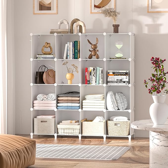 Neprock 16 Cubby Storage Organizer, Closet Clothes Storage Organizer, Cube Shelves Closet Organizers and Storage Shelves for Clothing Storage with Hammer, Bookshelf for Kids (White)