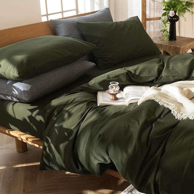 MooMee Bedding Duvet Cover Set 100% Washed Cotton Linen Like Textured Breathable Durable Soft Comfy (Solid Olive Green, Cal King 104"x98")
