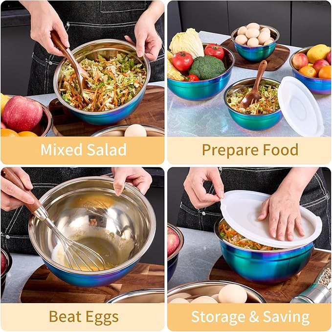 4-Piece Rainbow Stainless Steel Mixing & Serving Bowl Set With Airtight Lid, Unbreakable Deep Soup Bowl