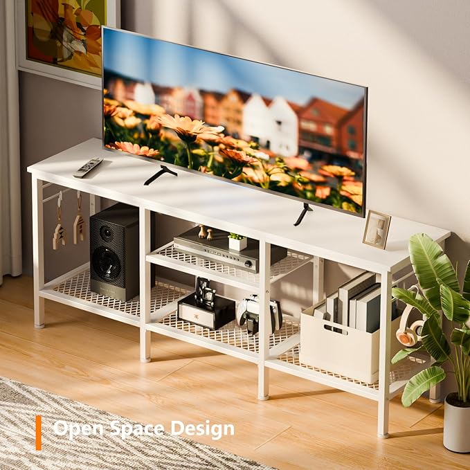 Furologee TV Stand for TVs up to 55 Inch, Entertainment Center with Open Storage Shelves, Media Console Table with Soundbar Shelf for Living Room, Bedroom, White