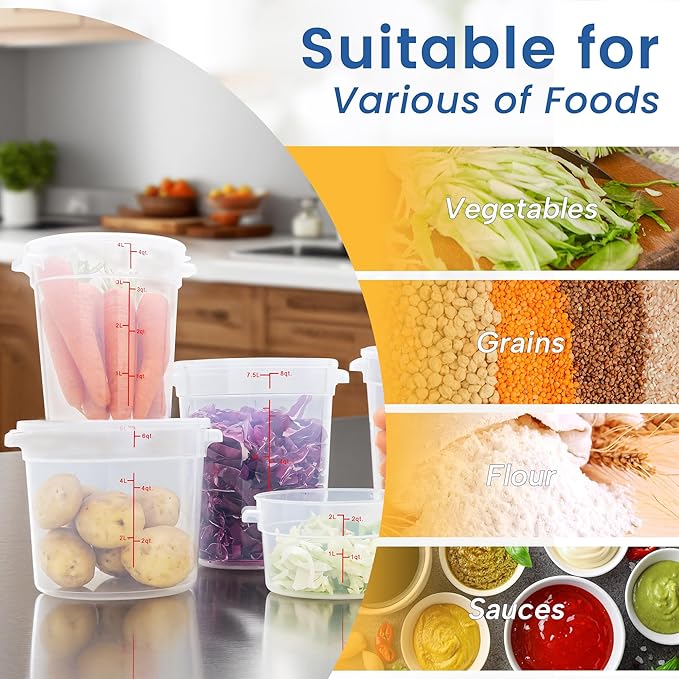 4 Pack 2QT Round Food Storage Containers with Lids, BPA-Free Polypropylene NSF Commercial Food Container, with Labels & Measuring Cup