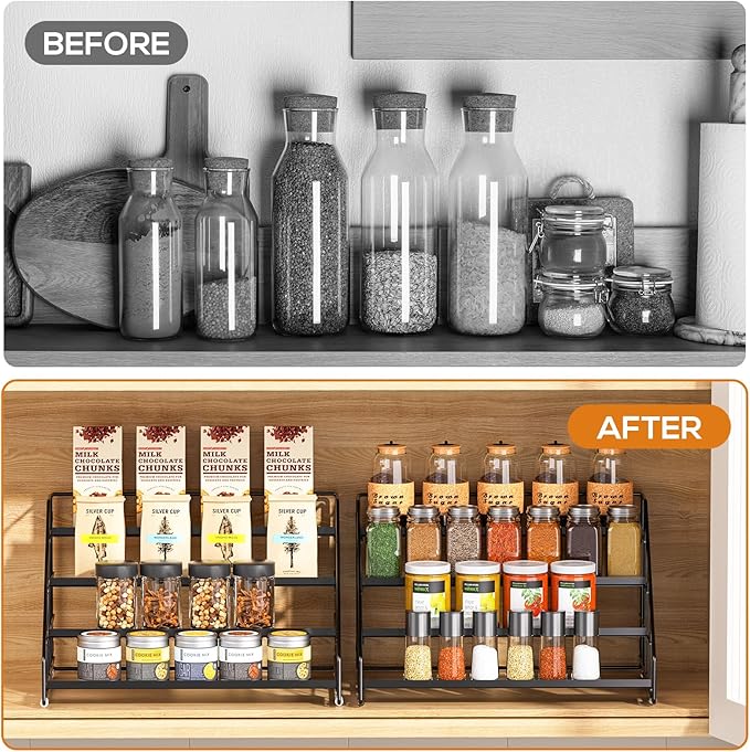 4 Tiered Spice Rack Organizer, 2 Pack Spice Rack Organizer for Cabinet, Tiered Adjustable Spice Shelf for Kitchen Countertop Pantry Organization (Carbon Black)