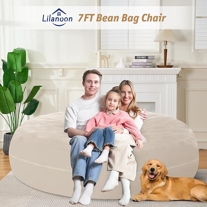 7FT Bean Bag Chair with Ultra Soft Velvet Cover Bean Bag Sofa with Memory Foam Bean Bag Chairs with Large Size Lazy Sofa for Dorm Office Living Room Bedroom Beige 7'