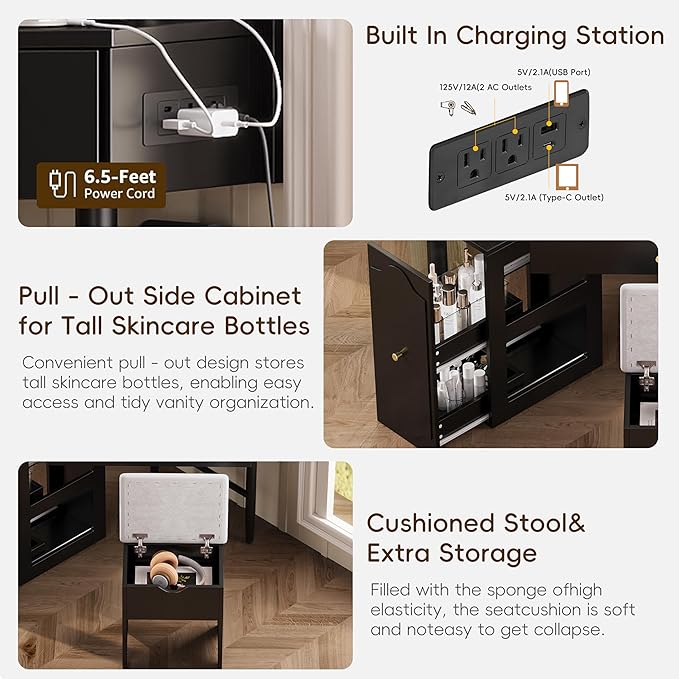 Merax Corner Vanity Desk Set with Storage Cushioned Stool & Charging Station, Triangle Makeup Desk with Removable Pull-Out Side Cabinet, Glass Tabletop Makeup Vanity with Drawer & Shelf, Black