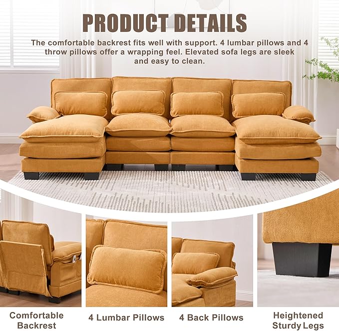 KEIKI 108" U-Shaped Chenille Modular Sectional Chenille Sofa with 2 Movable Ottoman & Pillows & 2 Side Pocket, Oversized 4-Seater Couch with Memory Foam Cushion, Easy Assembly, for Living Room, Yellow