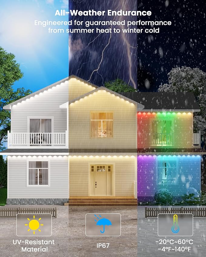 Gefolly Permanent Outdoor Lights Pro, 200ft with 120 RGBW Double-LED Light 111 Scene Modes for Daily, Halloween, Christmas, IP67 Waterproof for Outdoor Decor, Works with Alexa, Google Assistant, White