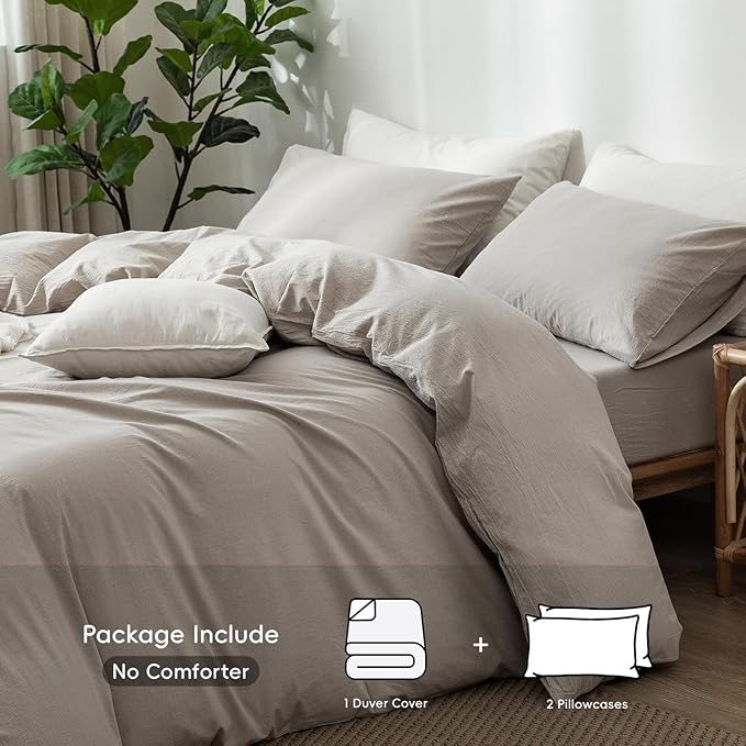 MooMee Bedding Duvet Cover Set 100% Washed Cotton Linen Like Textured Breathable Durable Soft Comfy (Heathered Cream Grey, Super King Plus 120"x120")