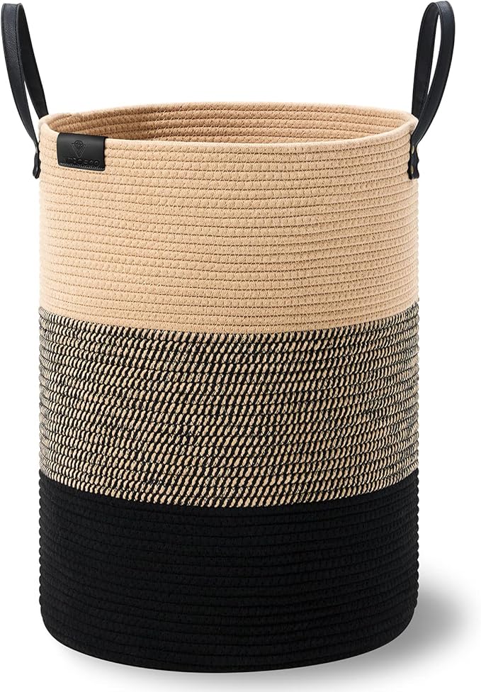VIPOSCO Tall Laundry Basket, Large Dirty Clothes Hamper with Leather Handle, Woven Rope Storage Basket for Blanket, Toy In Living Room, Bathroom, Bedroom - 58L Brown & Black