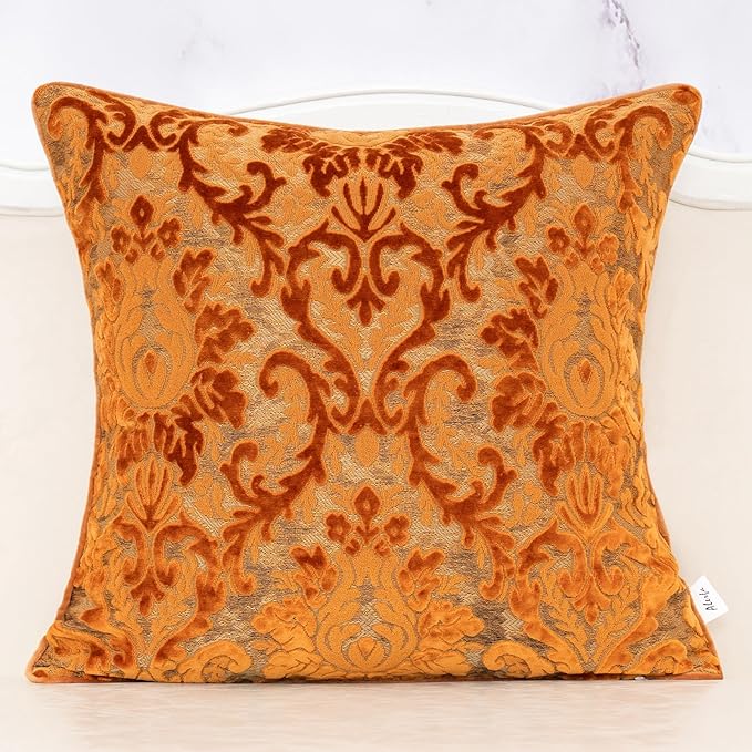 Alerfa Boho Orange Floral Throw Pillow Cover 18x18 Inch Cut Velvet Sqaure Luxury Embroidered Decorative Pillow Cover for Couch Living Room Bedroom