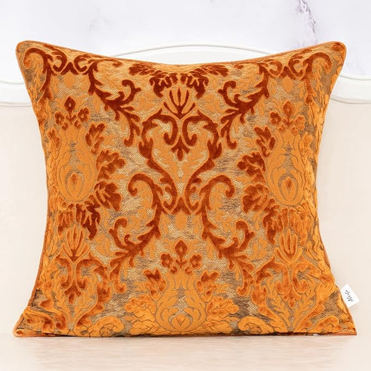 Alerfa Boho Orange Floral Throw Pillow Cover 20x20 Inch Cut Velvet Sqaure Luxury Embroidered Decorative Pillow Cover for Couch Living Room Bedroom