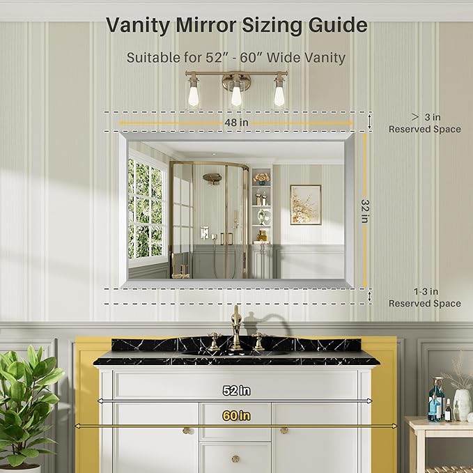 48x32 Inch Silver Bathroom Mirror for Wall, Thick Metal Framed Rectangle Mirrors for Over Sink, Bedroom, Living Room, Entryway, Anti-Rust, HD Tempered Glass