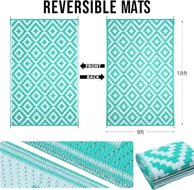 OLANLY Waterproof Outdoor Rug 9x18 ft, Outdoor Plastic Straw Rug for Camping, RV Mat Outside, Outdoor Carpet for Porch, Deck, Backyard, Balcony, Picnic, Turquoise & White