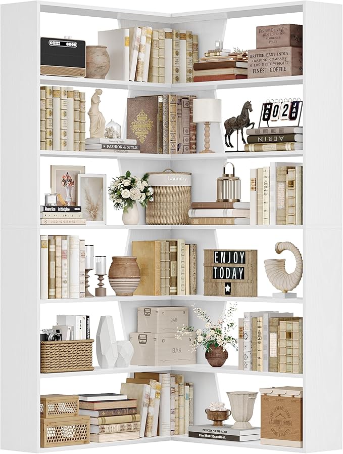 75" Corner Bookshelf, 6-Tier Modern Bookshelf and Bookcase, Tall Bookcase Open Display Storage, L Shaped Corner Shelf for Library, Living Room, Home Office, White