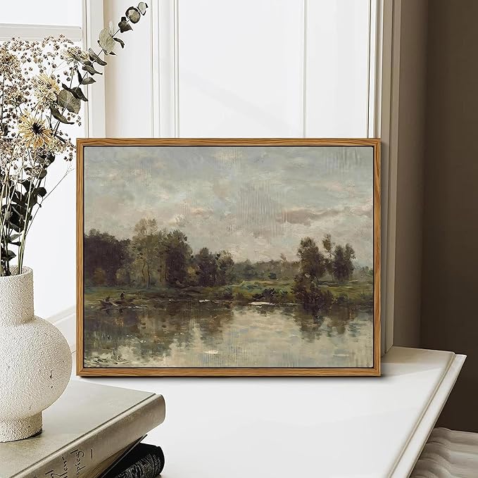 Floating Framed Canvas Wall Art - Tranquil River Landscape Pictures Prints, Countryside Vintage Scenery Paintings Wall Decor for Living Room Bedroom Office Home Decoration 12x16 inch