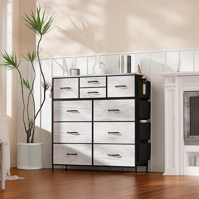 10 Drawer Dresser, Chest of Drawers for Bedroom, Fabric Dresser Drawers with Side Pockets, Hooks, Wooden Top and Sturdy Metal Frame for Living Room, Closet, Hallway (Oak Gray)