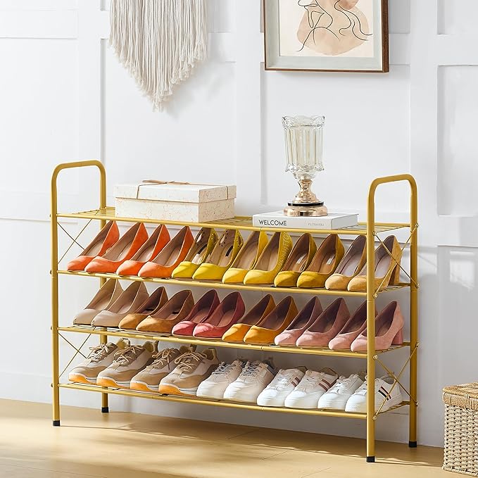 Hoctieon 4 Tier Mesh Style Shoe Rack, Entryway Shoe Shelf, Shoe Storage Organizer, Shoe Rack for Closet, Space Save for Bathroom, Garage, Hallway, Bedroom, Living Room, Gold