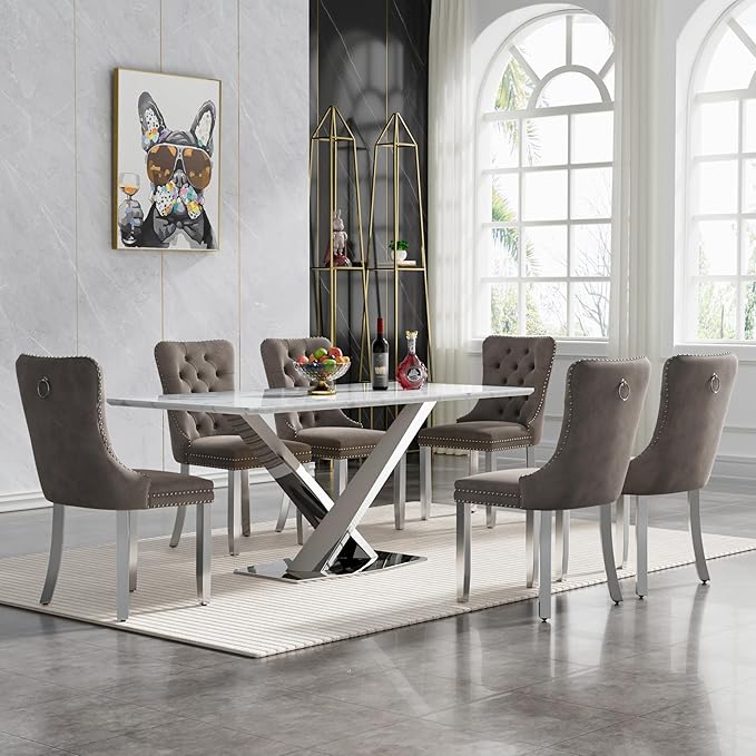 Goujxcy 70" Faux Marble Dining Table Set for 6, 7-Piece Dining Set with White Silver Kitchen Table and 6 Velvet Tufted Chairs, Modern Rectangular Dining Room Table with X-Shape Stainless Steel Base