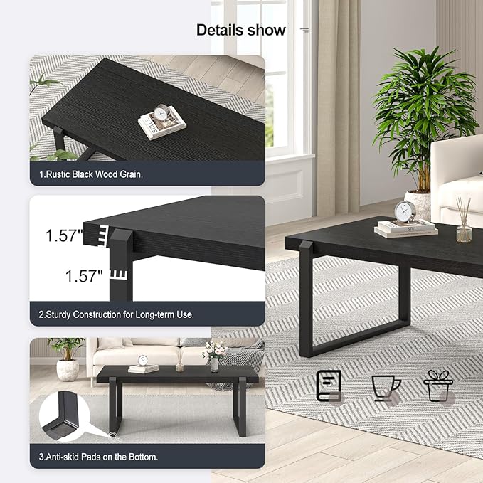 EXCEFUR Modern Black Coffee Table, Industrial Wooden and Metal Center Table for Living Room, Rectangle Cocktail Tea Table, Black Oak, 44 Inch